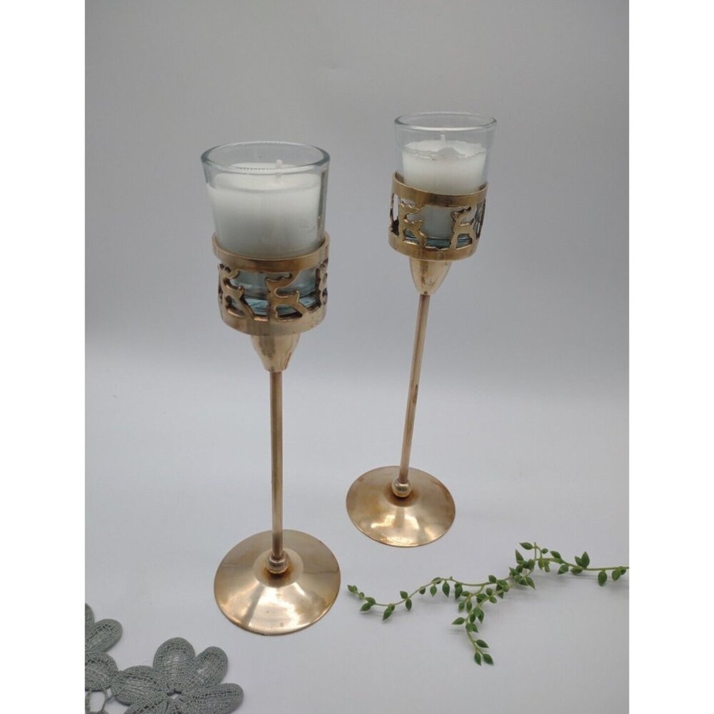 Vintage Pair of 9" Tall Brass Reindeer Candlestick Holders, 2 Glass Votives